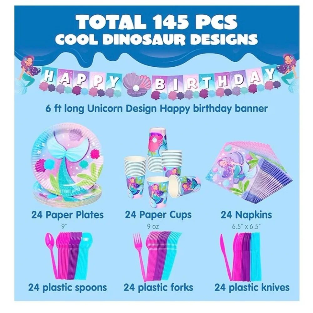 145 Pc Mermaid Birthday Party Supplies with Banner, 24 Serves Tableware Set, New